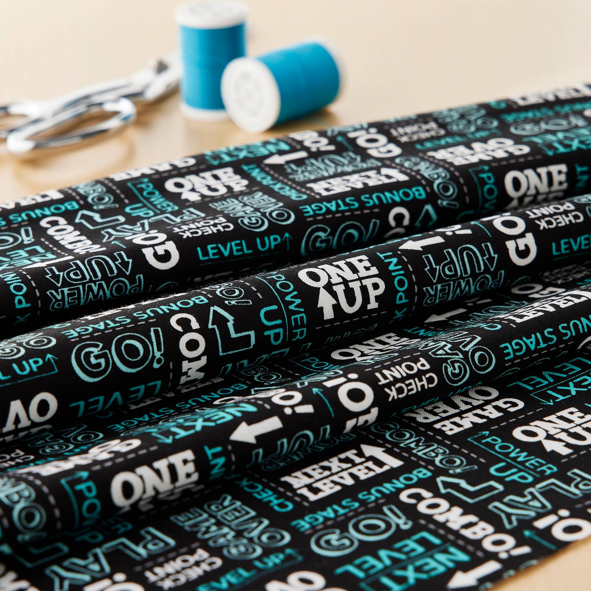 Camelot Fabrics Game On Black Words Cotton Fabric